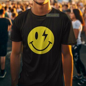 🆕Lightning Bolt Smiley Face Black T-Shirt Graphic Tee